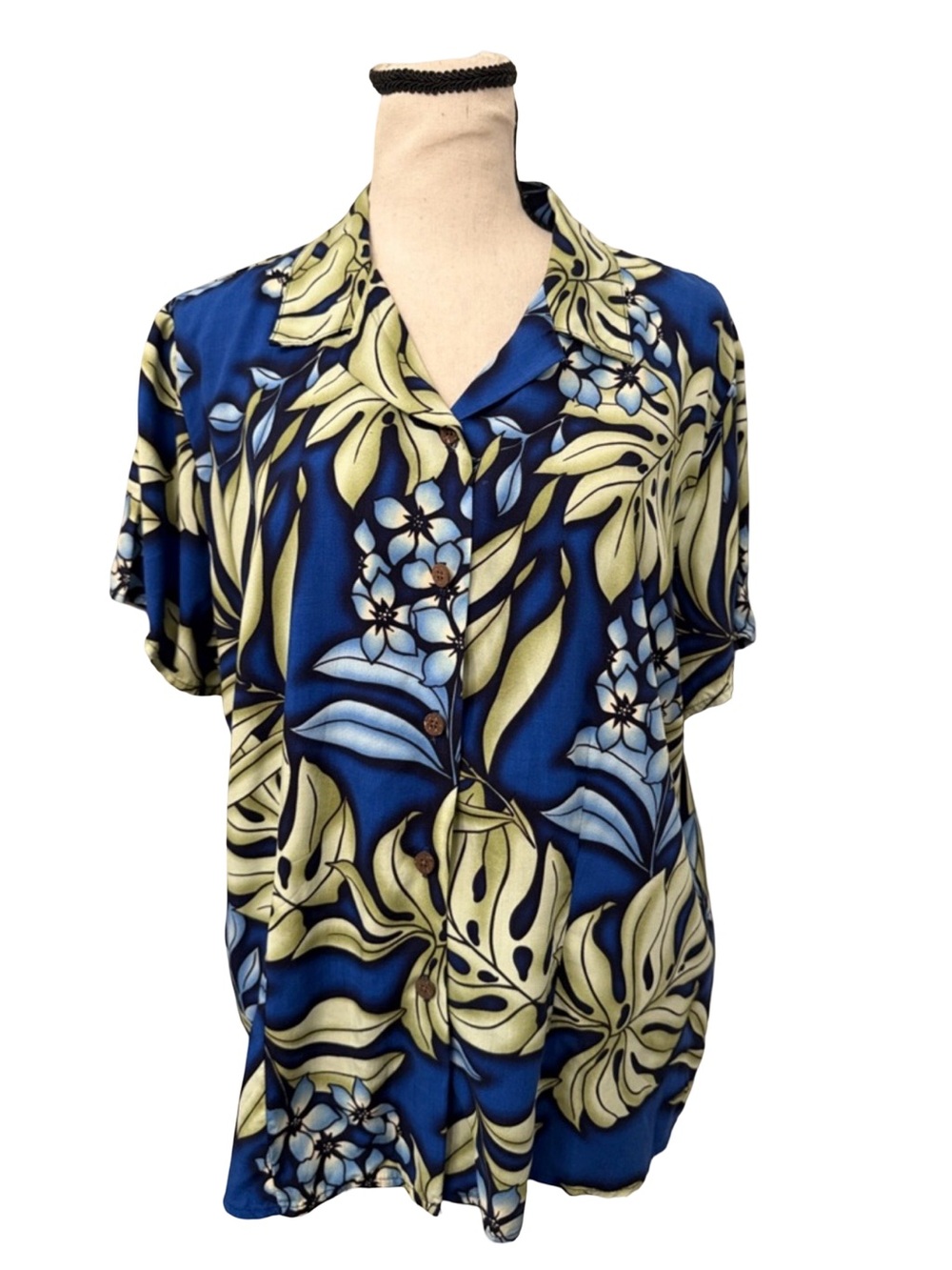 Vintage Bishop St Aloha Shirt Ladies Large Blue Tropical Floral Made In Hawaii